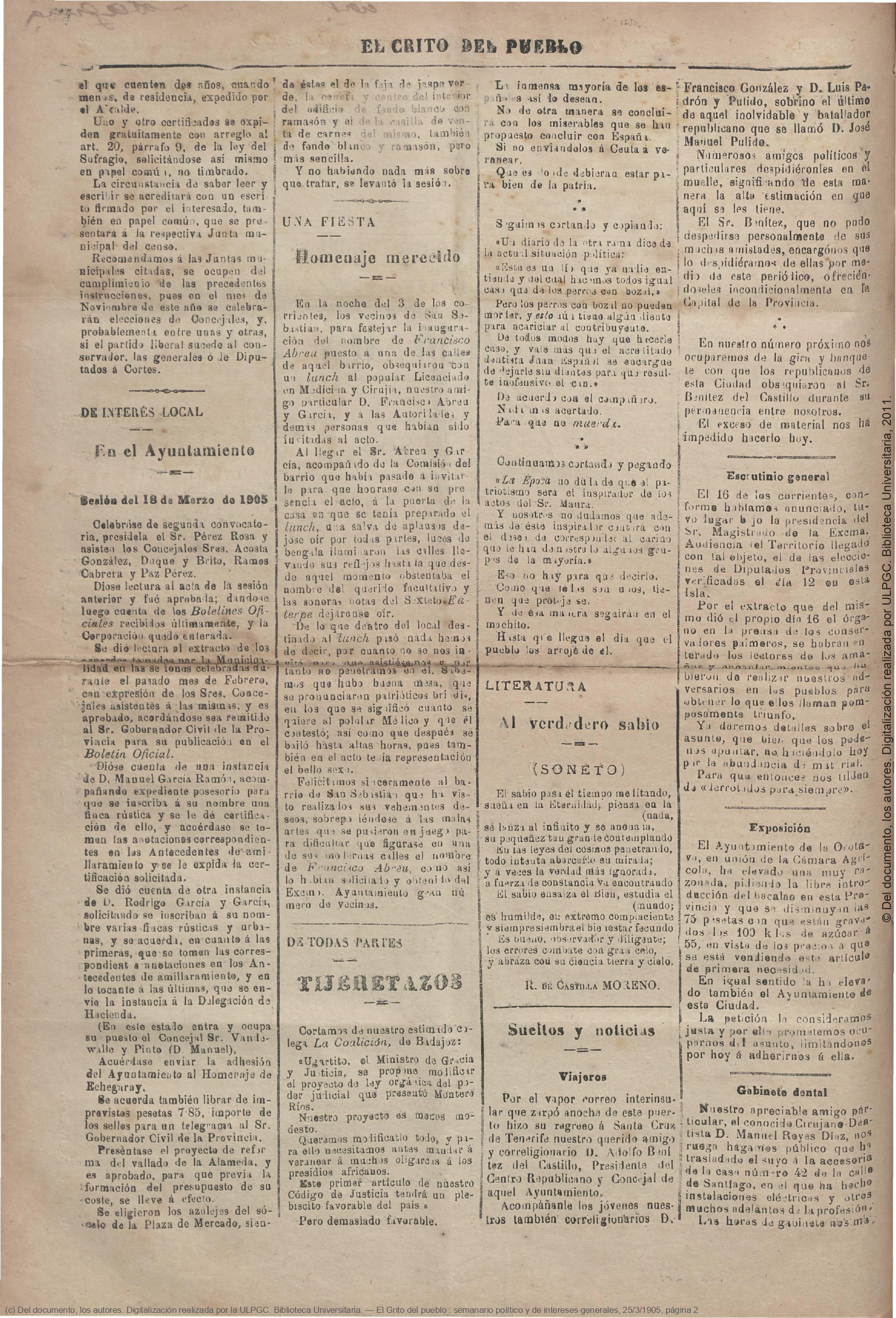 «Homenaje merecido: una fiesta», El Grito del Pueblo (Santa Cruz de La Palma, 25 de marzo de 1905), p. 2 | Jable: Archivo de Prensa Digital de Canarias, Universidad de Las Palmas de Gran Canaria