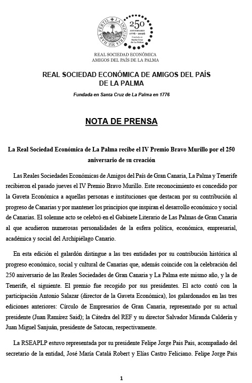 La Real Sociedad Económica de La Palma recibe el IV Premio Bravo Murillo por el 250 aniversario de su creación